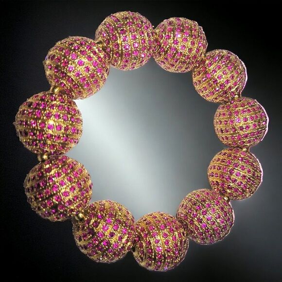 Chunky Red gem encrusted Eternity gold ball stretchy bracelet - Picture 2 of 5